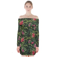 Tropical Flowers Long Sleeve Off Shoulder Dress