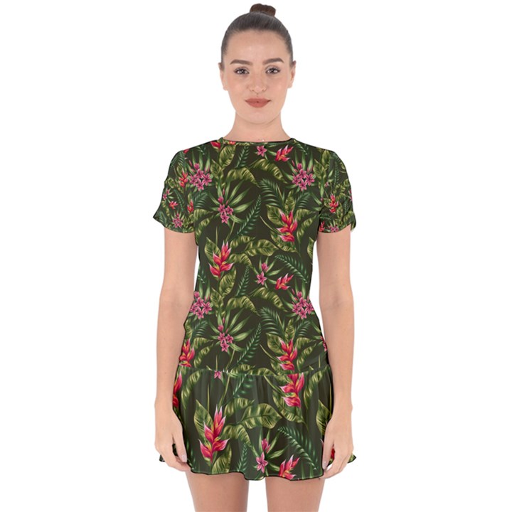 Tropical flowers Drop Hem Mini Chiffon Dress