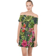 Tropical Flowers Off Shoulder Chiffon Dress