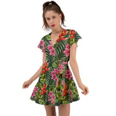 Tropical Flowers Flutter Sleeve Wrap Dress by goljakoff