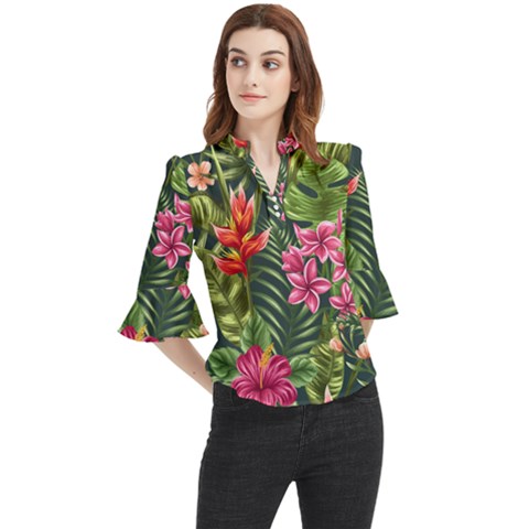 Tropical Flowers Loose Horn Sleeve Chiffon Blouse by goljakoff