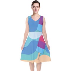 Ice Summer Beach Sea Dessert V-neck Midi Sleeveless Dress 