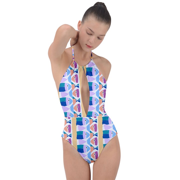 Illustrations Of Fish Texture Modulate Sea Pattern Plunge Cut Halter Swimsuit