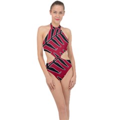 Leaves Silhouette Tropical Style Print Halter Side Cut Swimsuit by dflcprintsclothing
