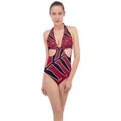 Leaves Silhouette Tropical Style Print Halter Front Plunge Swimsuit by dflcprintsclothing