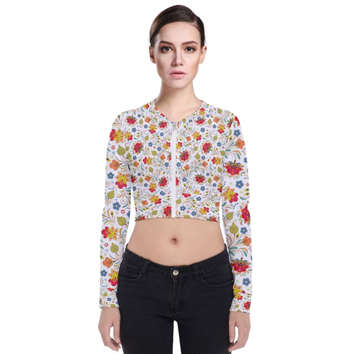 Red Yellow Flower Pattern Long Sleeve Zip Up Bomber Jacket