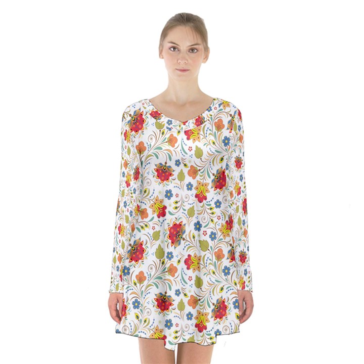 Red Yellow Flower Pattern Long Sleeve Velvet V-neck Dress