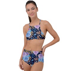 Rose Flower Pattern High Waist Tankini Set by designsbymallika