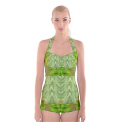 Landscape In A Green Structural Habitat Ornate Boyleg Halter Swimsuit  by pepitasart