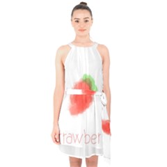 Strawbery Fruit Watercolor Painted Halter Collar Waist Tie Chiffon Dress