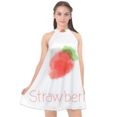 Strawbery Fruit Watercolor Painted Halter Neckline Chiffon Dress 