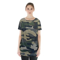 Green Military Camouflage Pattern Skirt Hem Sports Top by fashionpod