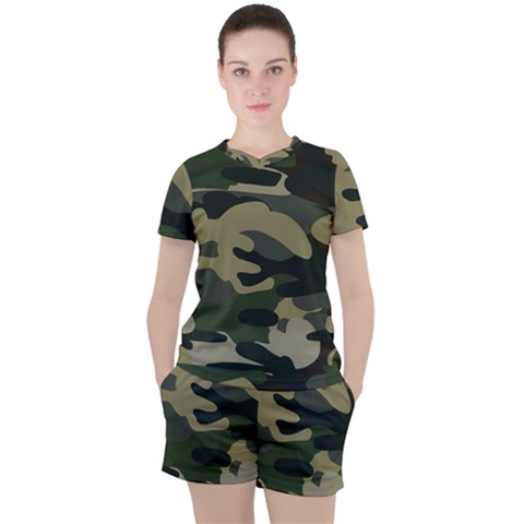 Green Military Camouflage Pattern Women s Tee And Shorts Set by fashionpod