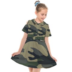 Green Military Camouflage Pattern Kids  Short Sleeve Shirt Dress by fashionpod