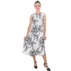 Line Art Black And White Rose Midi Tie-back Chiffon Dress