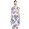 Line Art Black And White Rose Short Sleeve Front Wrap Dress View1