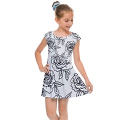 Line Art Black And White Rose Kids  Cap Sleeve Dress