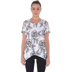 Line Art Black And White Rose Cut Out Side Drop Tee