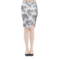 Line Art Black And White Rose Midi Wrap Pencil Skirt