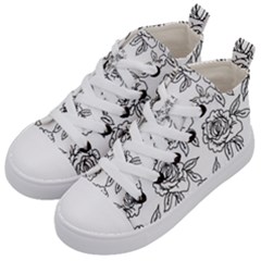 Line Art Black And White Rose Kids  Mid-top Canvas Sneakers by MintanArt