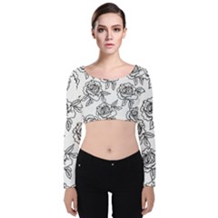 Line Art Black And White Rose Velvet Long Sleeve Crop Top