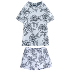 Line Art Black And White Rose Kids  Swim Tee And Shorts Set