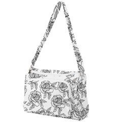 Line Art Black And White Rose Front Pocket Crossbody Bag by MintanArt