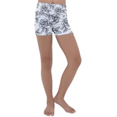 Line Art Black And White Rose Kids  Lightweight Velour Yoga Shorts