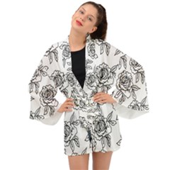 Line Art Black And White Rose Long Sleeve Kimono