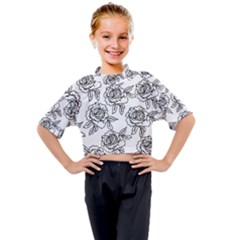 Line Art Black And White Rose Kids Mock Neck Tee