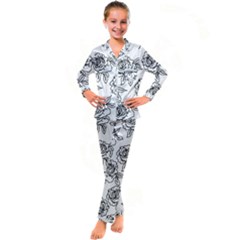 Line Art Black And White Rose Kid s Satin Long Sleeve Pajamas Set by MintanArt