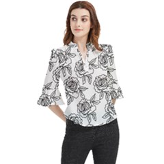 Line Art Black And White Rose Loose Horn Sleeve Chiffon Blouse