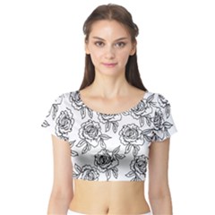 Line Art Black And White Rose Short Sleeve Crop Top