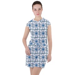 Blue Floral Pattern Drawstring Hooded Dress