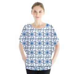 Blue Floral Pattern Batwing Chiffon Blouse