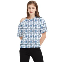 Blue Floral Pattern One Shoulder Cut Out Tee