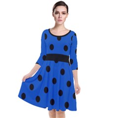 Large Black Polka Dots On Absolute Zero Blue - Quarter Sleeve Waist Band Dress by FashionLane