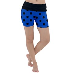 Large Black Polka Dots On Absolute Zero Blue - Lightweight Velour Yoga Shorts by FashionLane