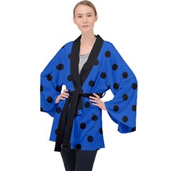 Large Black Polka Dots On Absolute Zero Blue - Long Sleeve Velvet Kimono  by FashionLane