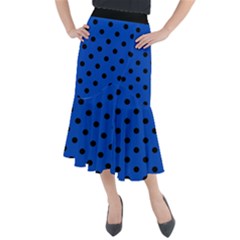 Large Black Polka Dots On Absolute Zero Blue - Midi Mermaid Skirt by FashionLane