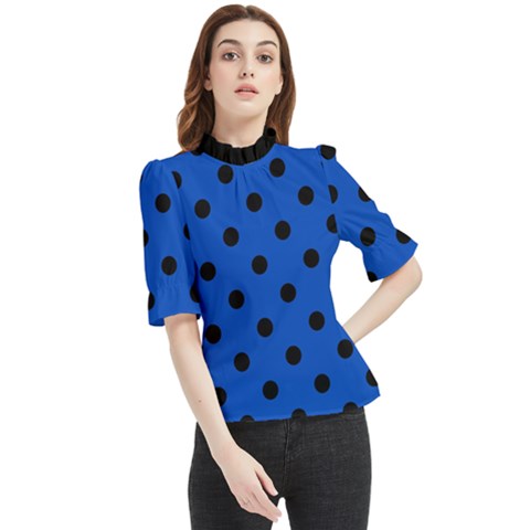 Large Black Polka Dots On Absolute Zero Blue - Frill Neck Blouse by FashionLane