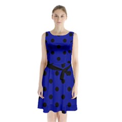 Large Black Polka Dots On Admiral Blue - Sleeveless Waist Tie Chiffon Dress by FashionLane