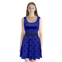 Large Black Polka Dots On Admiral Blue - Split Back Mini Dress  by FashionLane