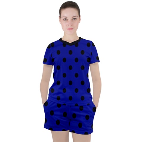 Large Black Polka Dots On Admiral Blue - Women s Tee And Shorts Set by FashionLane