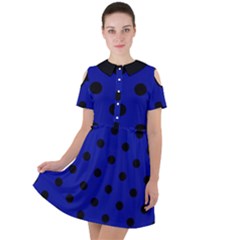 Large Black Polka Dots On Admiral Blue - Short Sleeve Shoulder Cut Out Dress 