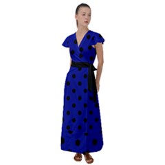 Large Black Polka Dots On Admiral Blue - Flutter Sleeve Maxi Dress by FashionLane