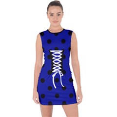 Large Black Polka Dots On Admiral Blue - Lace Up Front Bodycon Dress by FashionLane