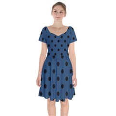 Large Black Polka Dots On Aegean Blue - Short Sleeve Bardot Dress by FashionLane