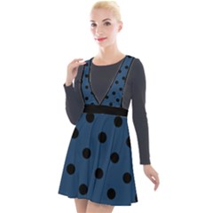 Large Black Polka Dots On Aegean Blue - Plunge Pinafore Velour Dress by FashionLane