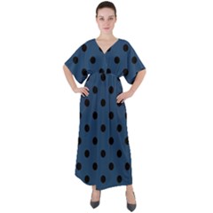 Large Black Polka Dots On Aegean Blue - V-neck Boho Style Maxi Dress